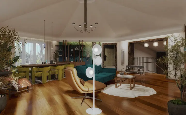 Wnętrze salonu w stylu art deco z zieloną sofą i drewnianymi elementami