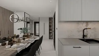 Nowoczesna jadalnia z drewnianym stołem i eleganckimi detalami.