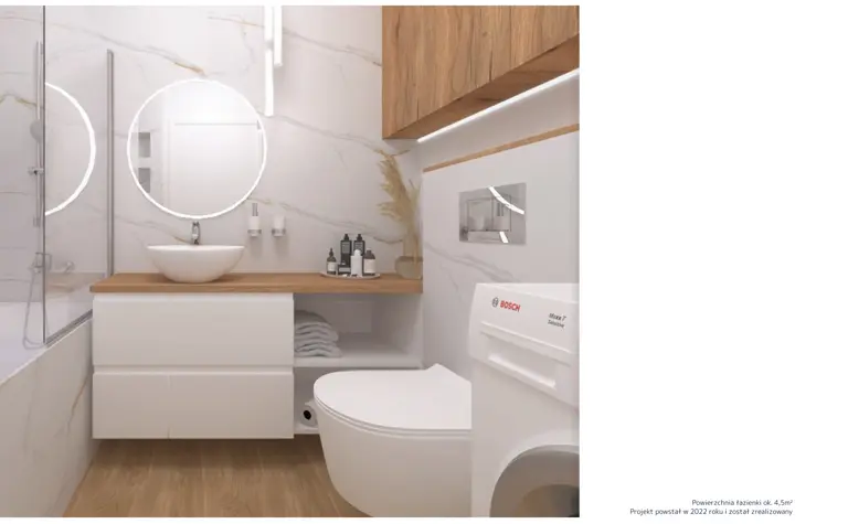 Wnętrze łazienki z minimalistycznym designem, współczesnymi meblami i drewnianymi akcentami.
