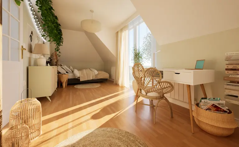 Wnętrze poddasza w stylu boho z naturalnym światłem