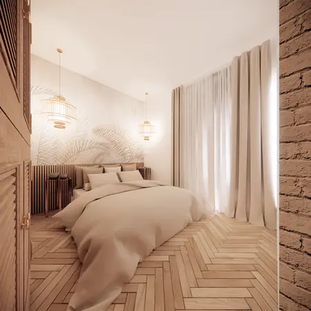 Wnętrze sypialni w stylu boho z beżowym łóżkiem i drewnianą podłogą.