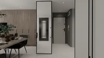 Wnętrze z drewnianą zabudową, białymi meblami i lustrem, nowoczesny design.
