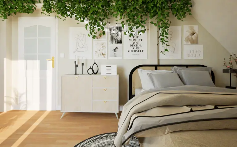 Wnętrze sypialni boho z roślinami, jasnym łóżkiem i dekoracjami.