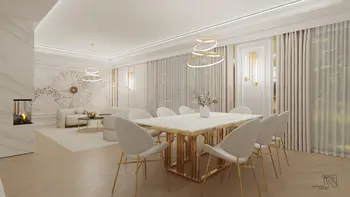 Wnętrze jadalni glamour z białym stołem i złotymi detalami