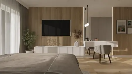 Sypialnia z drewnianą ścianą, białymi meblami i rośliną