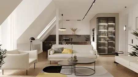 Wnętrze salonu z eklektycznymi i minimalistycznymi meblami, nowoczesnym oświetleniem oraz dodatkami.