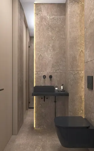 Nowoczesna łazienka w stylu japandi z szarymi ścianami, minimalistycznymi elementami i soft minimalizmem.