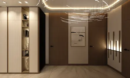 Przedpokój w stylu japandi z jasnymi meblami i drewnianymi detalami.