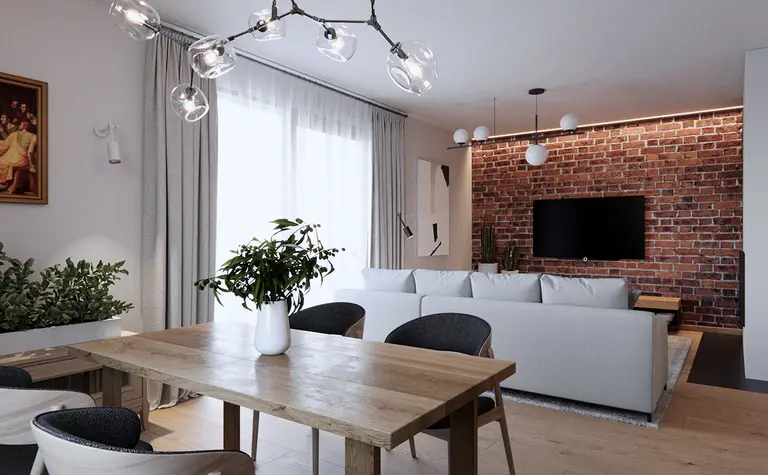 Eklektyczne wnętrze salonu z minimalistycznym wystrojem, skandynawskimi akcentami i tradycyjnymi elementami.