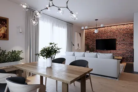 Eklektyczne wnętrze salonu z minimalistycznym wystrojem, skandynawskimi akcentami i tradycyjnymi elementami.