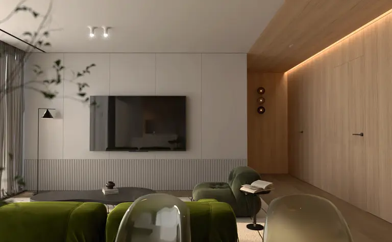 Wnętrze salonu w stylu minimalistycznym z zielonymi fotelami i drewnianymi elementami.