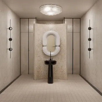 Nowoczesna łazienka z umywalką, art deco i minimaluxe, jasne ściany i dekoracyjne oświetlenie.