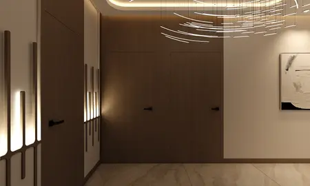 Przedpokój w stylu japandi z drewnianymi detalami i nowoczesnym oświetleniem.