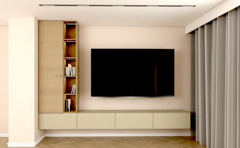 Wnętrze współczesnego salonu z minimalistycznym meblem i telewizorem, styl japandi, skandynawski.