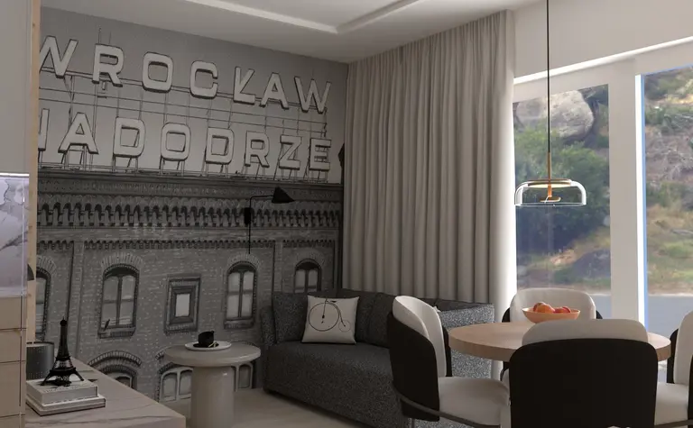 Wnętrze salonu ze szarymi meblami i dużymi oknami w stylu skandynawskim.
