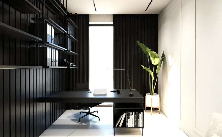 Gabinet w stylu minimaluxe z czarnym biurkiem, rośliną i nowoczesnymi detalami.