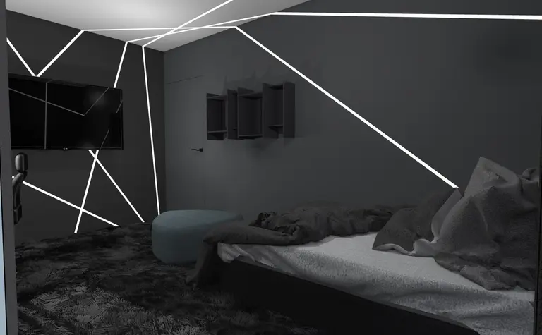 Wnętrze sypialni z ciemnymi ścianami, telewizorem i nowoczesnym wyposażeniem. Dopamine decor, industrialny.