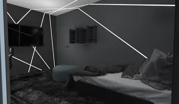 Wnętrze sypialni z ciemnymi ścianami, telewizorem i nowoczesnym wyposażeniem. Dopamine decor, industrialny.