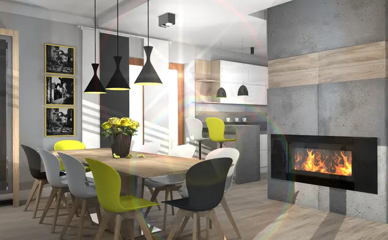 Wnętrze jadalni z drewnianym stołem i nowoczesnymi krzesłami w stylu dopamine decor, japandi, soft minimalizm.