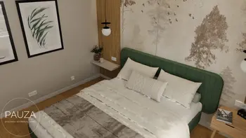 Sypialnia w stylu japandi z zielonym łóżkiem i drewnianymi detalami.