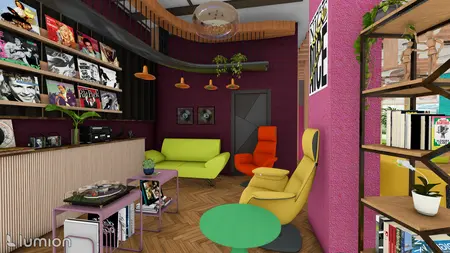 Eklektyczne wnętrze salonu z zieloną sofą i fioletową ścianą