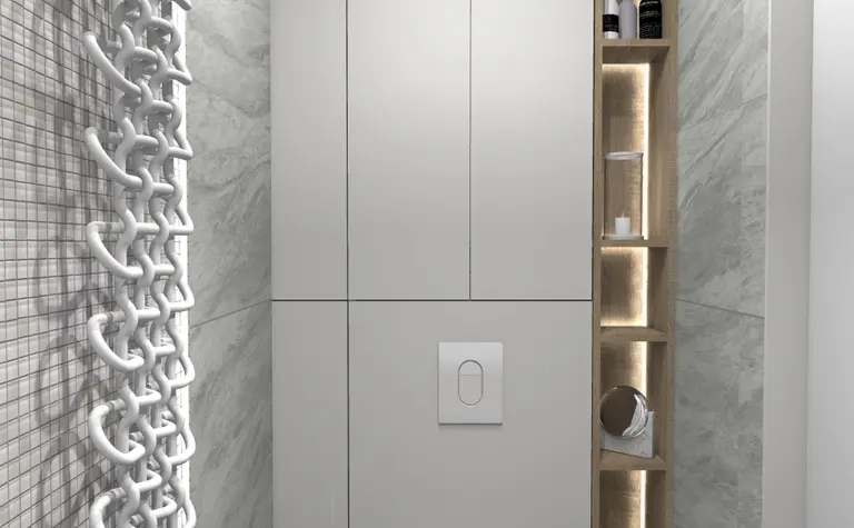 Nowoczesna łazienka z białym WC, szarymi płytkami i drewnianymi akcentami. Styl dopamine decor, industrialny.
