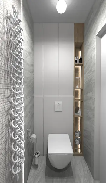 Nowoczesna łazienka z białym WC, szarymi płytkami i drewnianymi akcentami. Styl dopamine decor, industrialny.