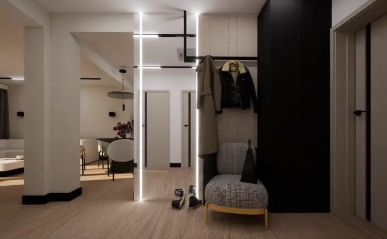 Przedpokój w stylu nowoczesnym z meblami soft minimalizm, współczesny design.