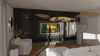 Wnętrze salonu z białymi meblami, ciemnymi akcentami i nowoczesnymi lampami.