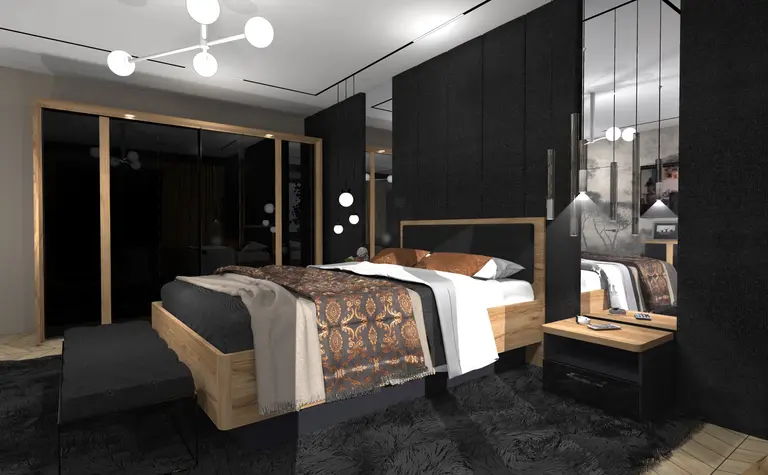 Wnętrze sypialni z drewnianymi meblami i ciemnymi akcentami w stylu dopamine decor i industrialnym
