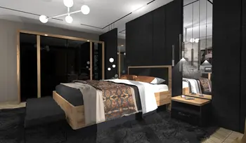 Wnętrze sypialni z drewnianymi meblami i ciemnymi akcentami w stylu dopamine decor i industrialnym