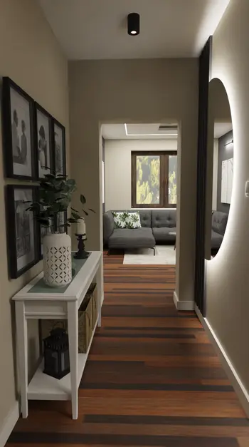 Korytarz z białymi elementami i brązową podłogą, nowoczesny design.