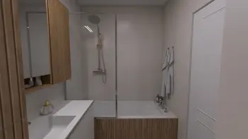 Nowoczesna łazienka z wanną, drewnianymi elementami i minimalistycznym designem.