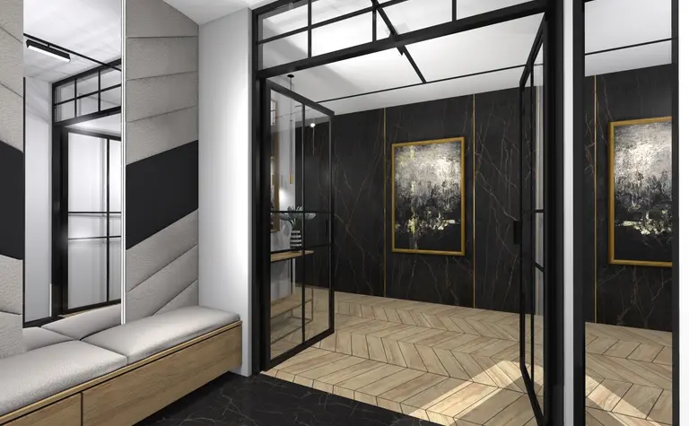Przedpokój z elementami dopamine decor i industrialnym stylem, nowoczesne dodatki.