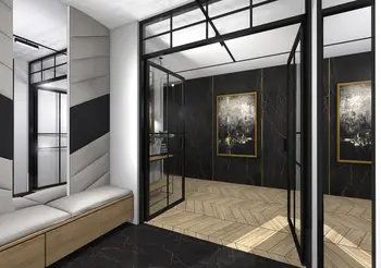 Przedpokój z elementami dopamine decor i industrialnym stylem, nowoczesne dodatki.