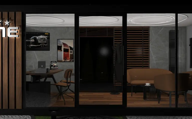 Wnętrze gabinetu w stylu dopamine decor i industrialnym z nowoczesnymi akcentami.
