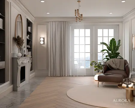 Wnętrze salonu w stylu minimaluxe z brązową sofą, roślinnością i eleganckim oświetleniem.