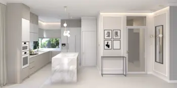 Wnętrze kuchni z białymi meblami, marmurowym blatem w stylu glamour, minimalistycznym i nowoczesnym.