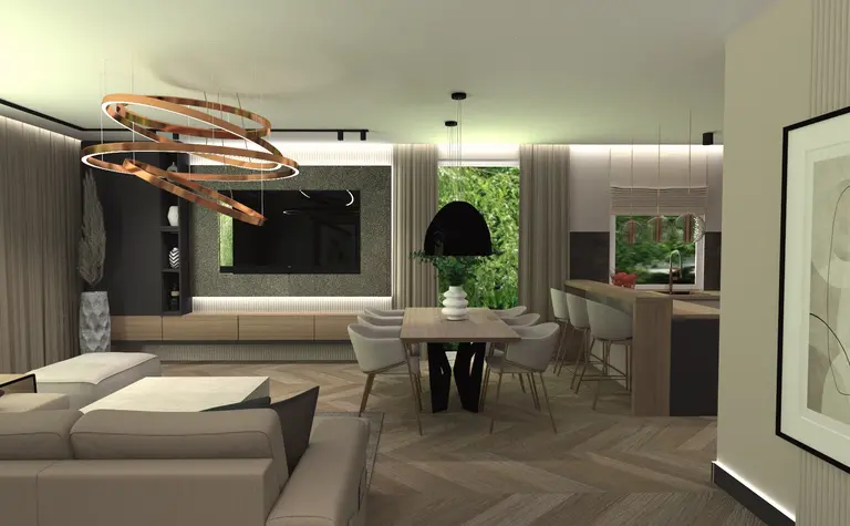 Wnętrze z industrialnym i nowoczesnym designem, jasny salon z dużą sofą i jadalnią.
