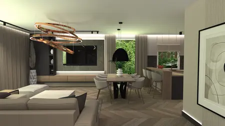 Wnętrze z industrialnym i nowoczesnym designem, jasny salon z dużą sofą i jadalnią.