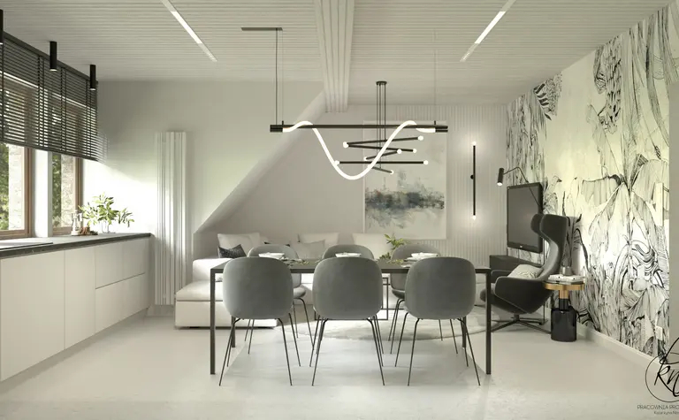 Jadalnia z szarymi krzesłami, minimalistyczny design i białe meble