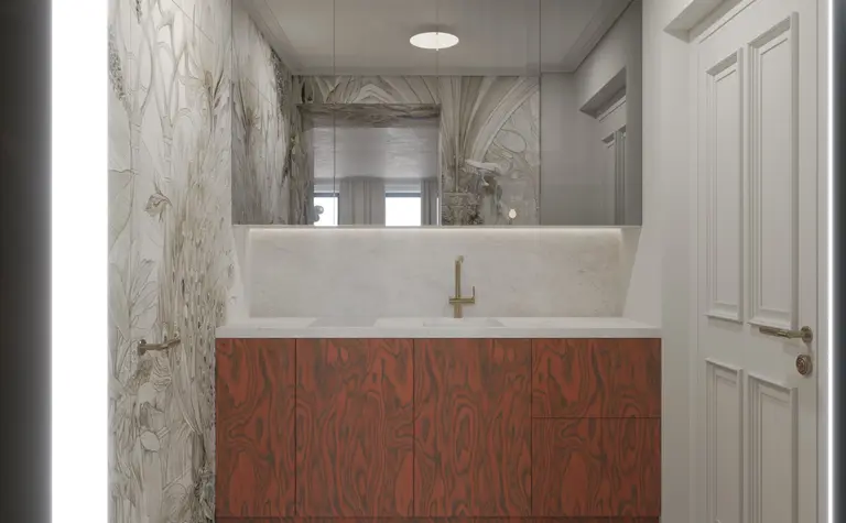 Łazienka w stylu art deco i tradycyjnym z drewnianą szafką i marmurowym blatem.