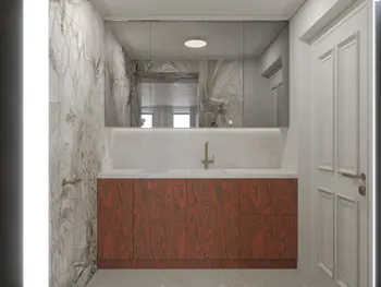 Łazienka w stylu art deco i tradycyjnym z drewnianą szafką i marmurowym blatem.