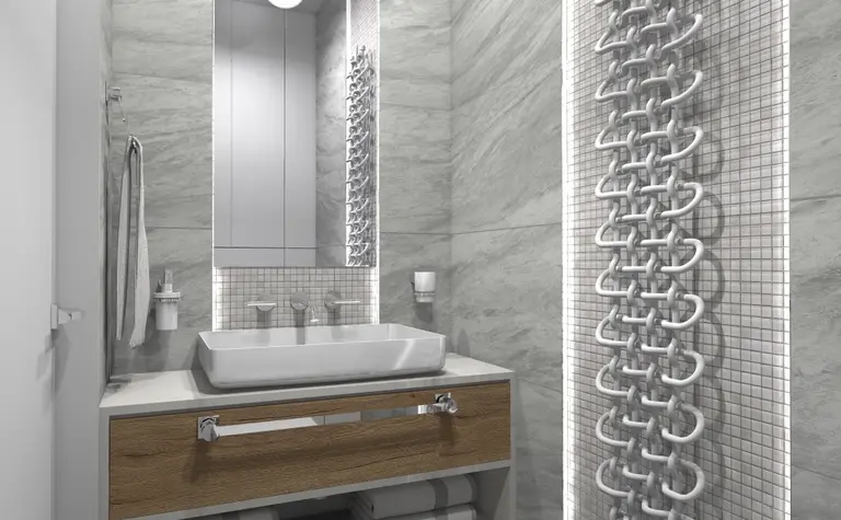 Nowoczesna łazienka z drewnianą szafką, oświetleniem LED i szarymi płytkami. Styl dopamine decor, industrialny.