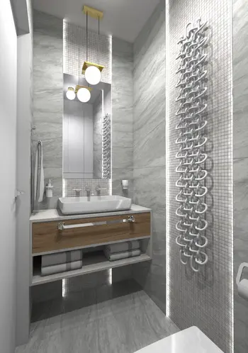 Nowoczesna łazienka z drewnianą szafką, oświetleniem LED i szarymi płytkami. Styl dopamine decor, industrialny.