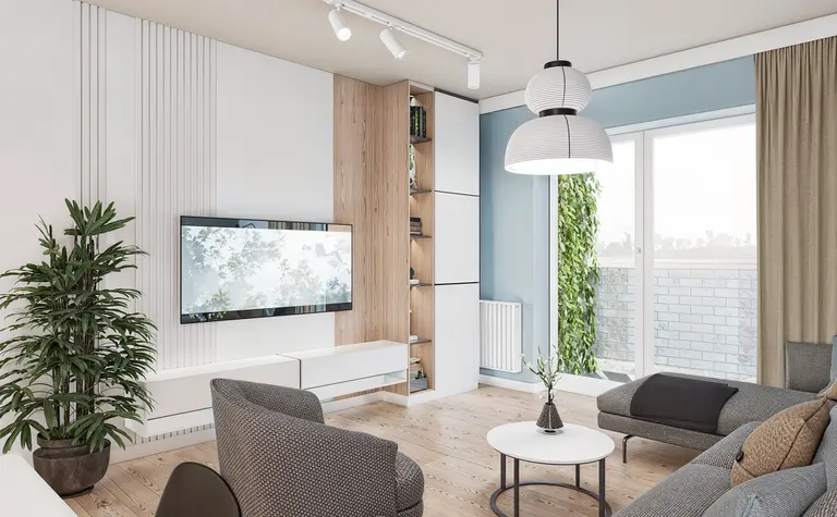 Nowoczesny salon z drewnianą półką i białymi meblami.