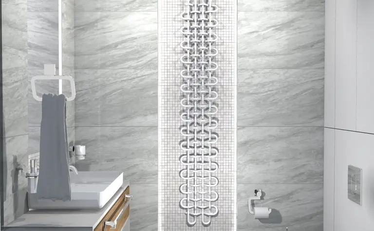 Nowoczesna łazienka z szarymi płytkami, drewnem i detalami w stylu dopamine decor, industrialnym.