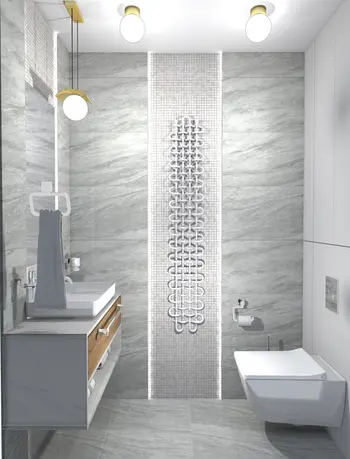 Nowoczesna łazienka z szarymi płytkami, drewnem i detalami w stylu dopamine decor, industrialnym.