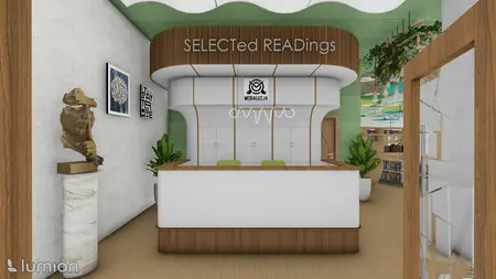 Recepcja z białym biurkiem, drewnianymi detalami i dekoracyjnymi roślinami.