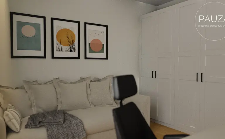 Salon z białą sofą, kolorowymi obrazami i drewnianą podłogą w stylu japandi i nowoczesnym.
